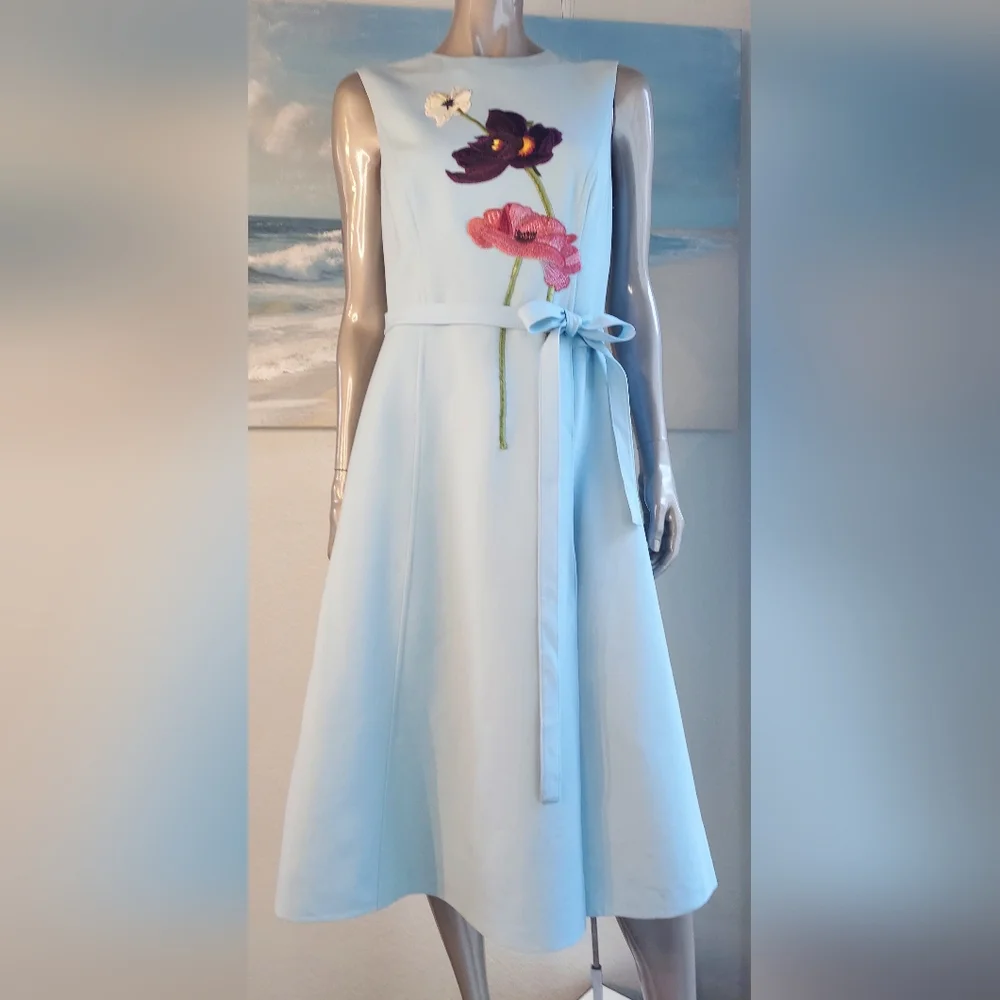 $3,400 OSCAR DE LA RENTA LIGHT BLUE WOOL FLOWER EMBR DRESS 8 - Picture 8 of 15